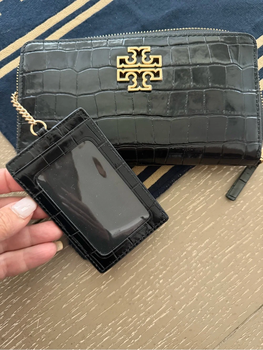 Tory Burch Black Croc-Embossed Zip Wallet with Gold Logo and Card Case